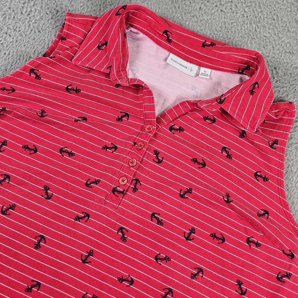 Susan Graver Polo Shirt Womens 3X Red Stripe Anchor Nautical Sleeveless Top